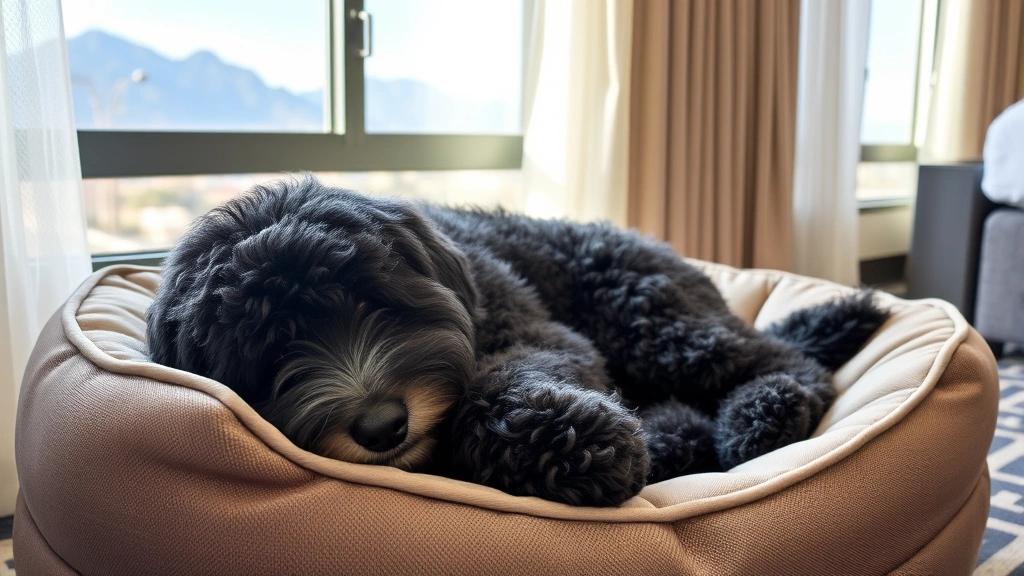 Bordoodle resting peacefully on a comfortable pet bed in a hotel room, window showing mountain or beach scenery outside, dog appearing calm and acclimated to new environment