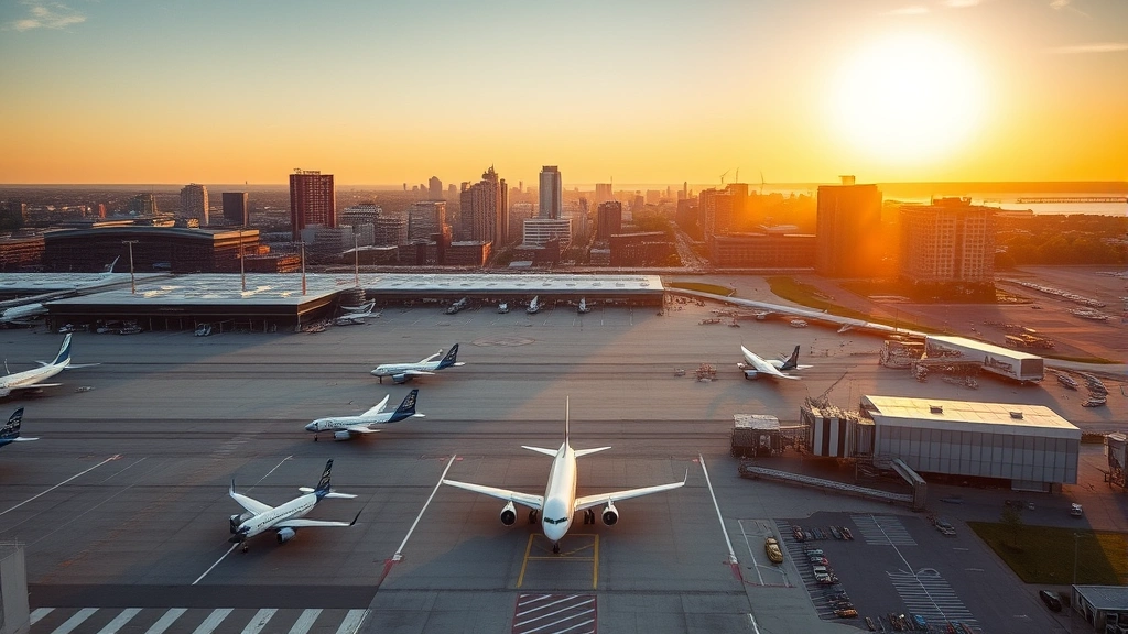 Aerial view of Boston Logan International Airport with multiple aircraft parked at gates, early morning golden light, vibrant New England cityscape in background