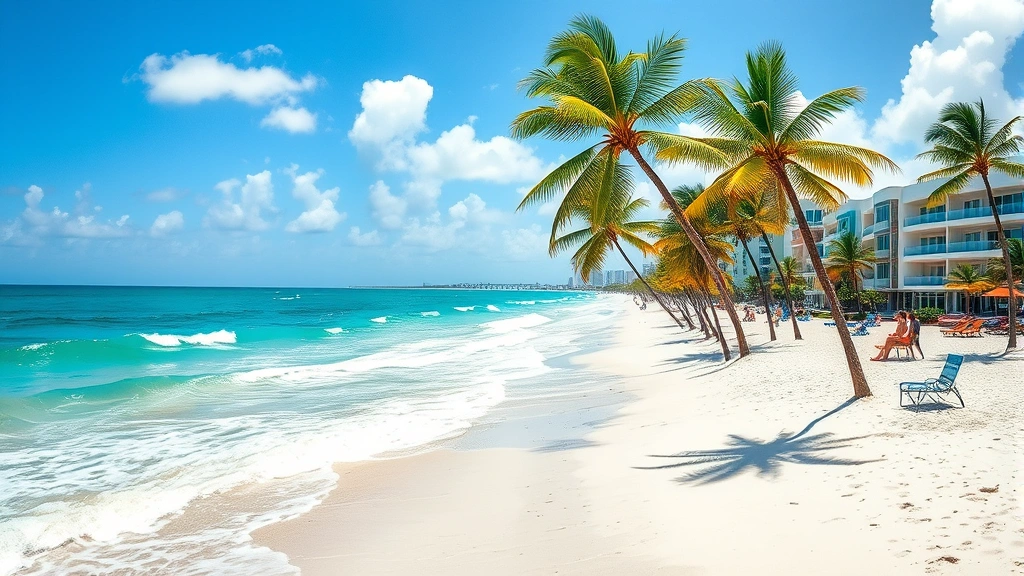 Tropical Miami beach scene with turquoise ocean waves, white sand, palm trees, and Art Deco buildings visible along the coastline under bright sunshine