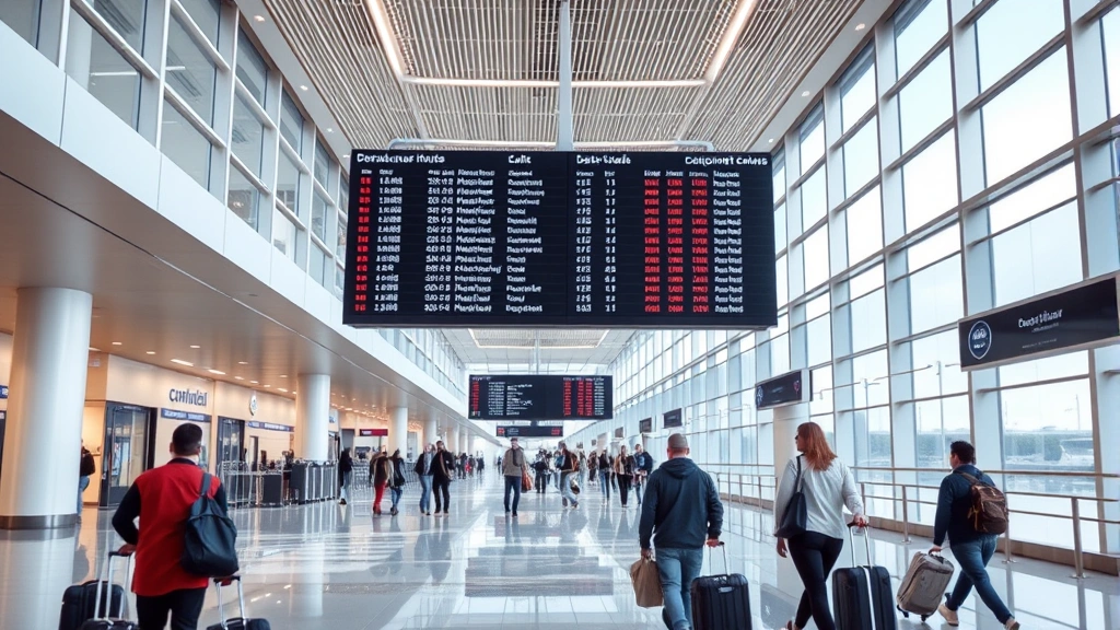 Modern airport terminal interior with departure board displaying flight information, travelers with luggage moving through bright contemporary concourse with large windows