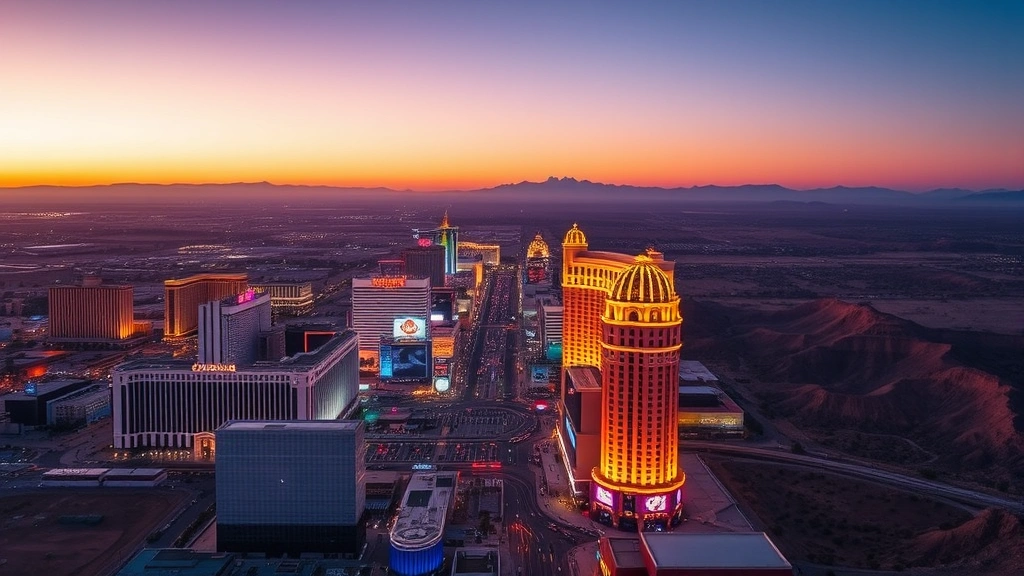 Aerial view of Las Vegas Strip at sunset with bright neon lights reflecting off hotels and casinos, desert landscape surrounding the city, professional travel photography