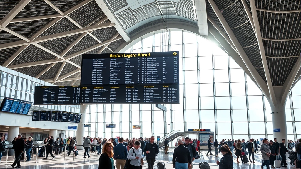 Boston Logan Airport modern terminal interior with travelers checking in, departure boards, natural light streaming through large windows, bustling but organized airport scene