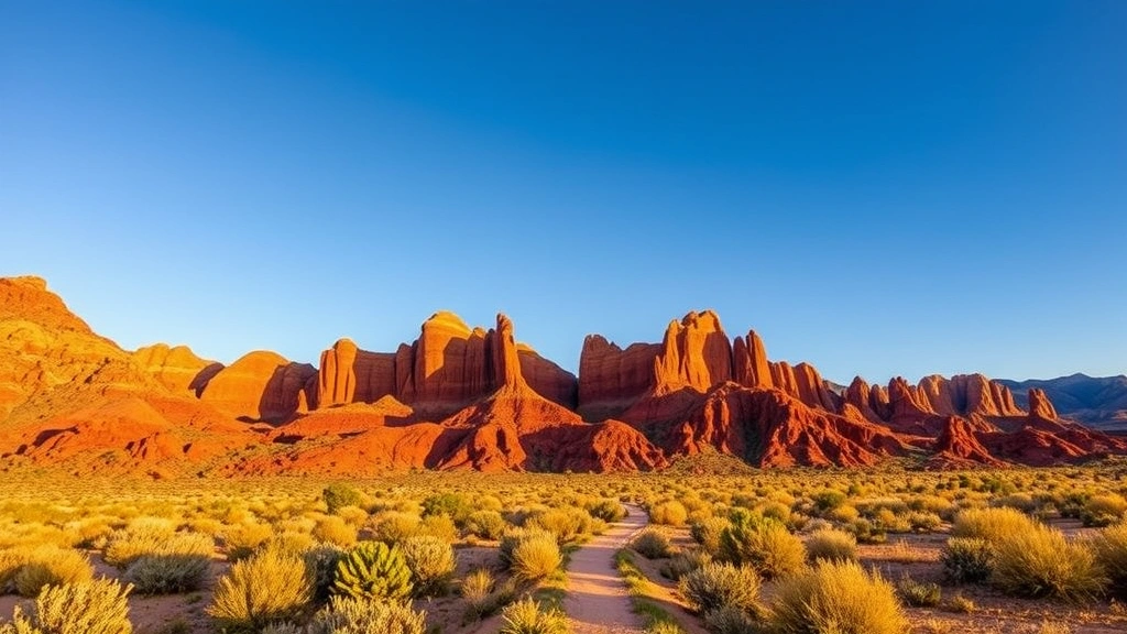 Red Rock Canyon desert landscape near Las Vegas with dramatic red rock formations, hiking trail, clear blue sky, golden hour lighting, stunning natural scenery