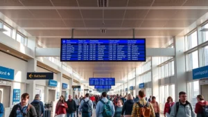 Busy Boston Logan Airport terminal interior with travelers walking through modern corridor, blue departure board glowing above, natural daylight from windows, realistic photography