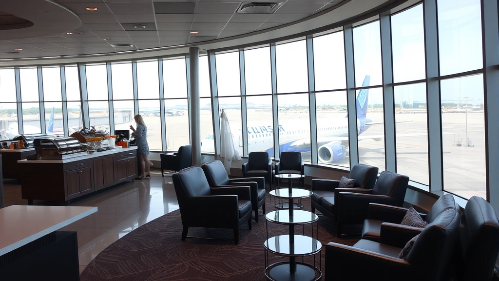 Frequent flyer lounge interior with comfortable seating, complimentary food and beverage station, large windows overlooking airport tarmac with aircraft, premium hospitality setting