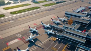 Aerial view of Boston Logan International Airport with planes at gates, morning light, busy tarmac with ground vehicles and modern terminal buildings visible