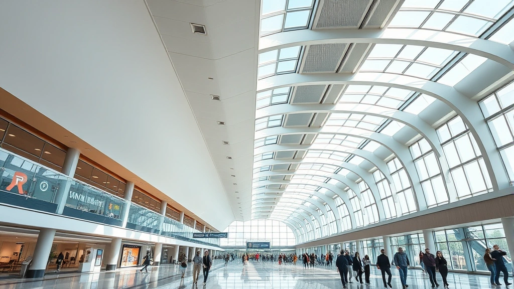 Hartsfield-Jackson Atlanta International Airport interior showing modern architecture, bright natural lighting, passengers walking through terminal, contemporary design with skylights
