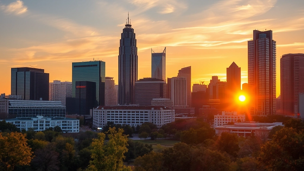 Atlanta skyline at sunset with modern skyscrapers, warm golden light reflecting off glass buildings, Piedmont Park in foreground with trees and city overlook