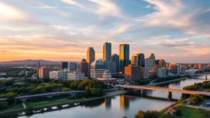 Aerial view of Austin skyline at sunset with Colorado River reflection, modern downtown skyscrapers and green hills in background, golden hour lighting, cinematic photography
