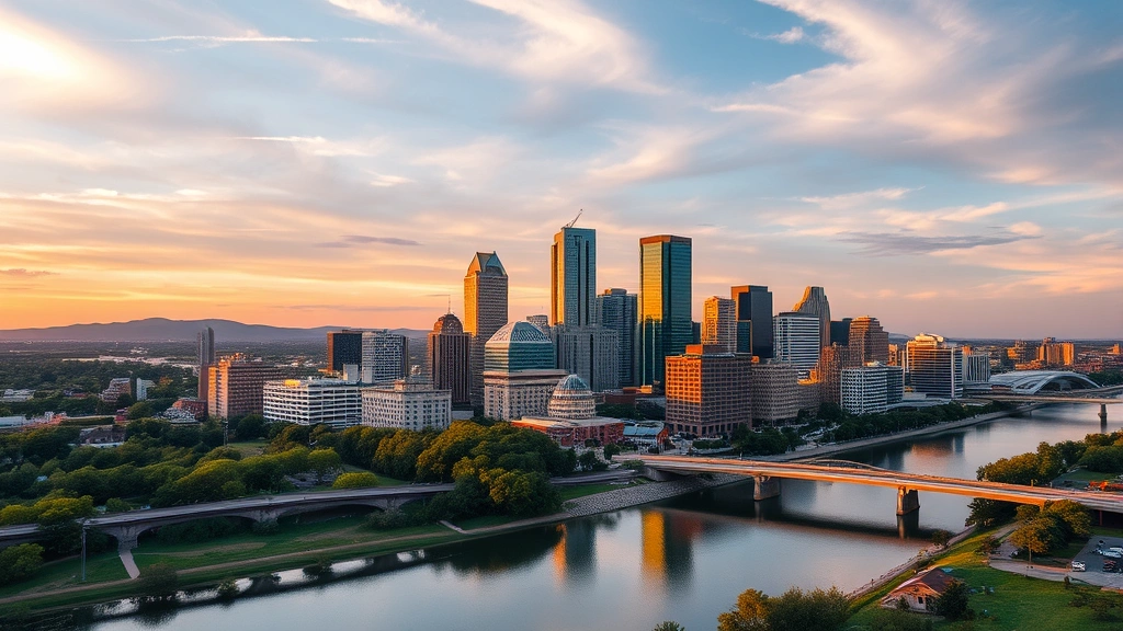 Aerial view of Austin skyline at sunset with Colorado River reflection, modern downtown skyscrapers and green hills in background, golden hour lighting, cinematic photography