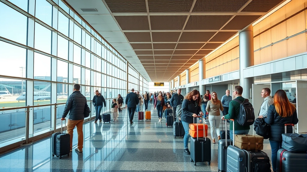 Boston Logan Airport departure hall with passengers checking luggage, modern airport architecture with natural light, busy travel atmosphere, realistic airport environment