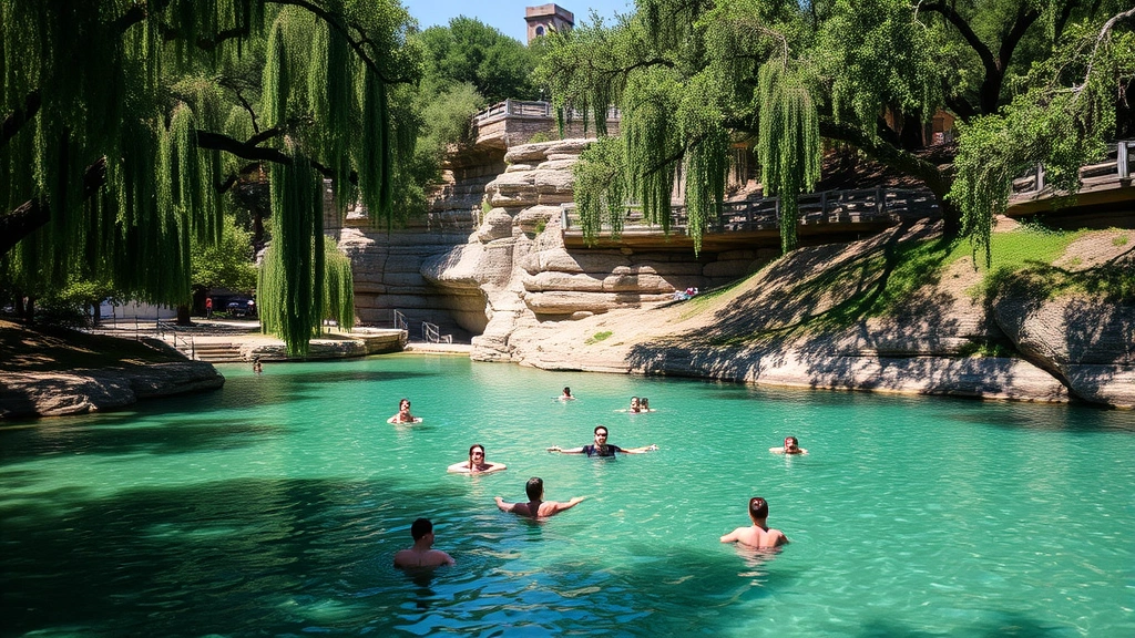 Barton Springs Pool in Austin surrounded by cypress trees and limestone cliffs, crystal clear water, tourists swimming and relaxing, natural spring setting, bright daylight