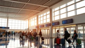 Boston Logan Airport departure hall with modern architecture, travelers with luggage, morning sunlight through windows, vibrant travel atmosphere, photorealistic