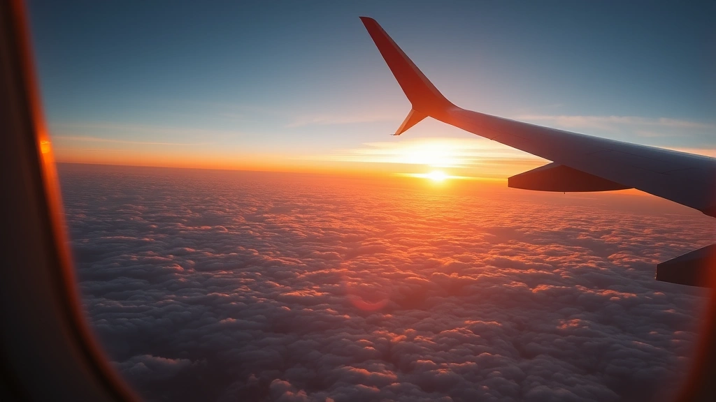 Airplane window view of Atlantic Ocean sunrise, clouds below, wing visible, serene flight experience, golden hour lighting, photorealistic