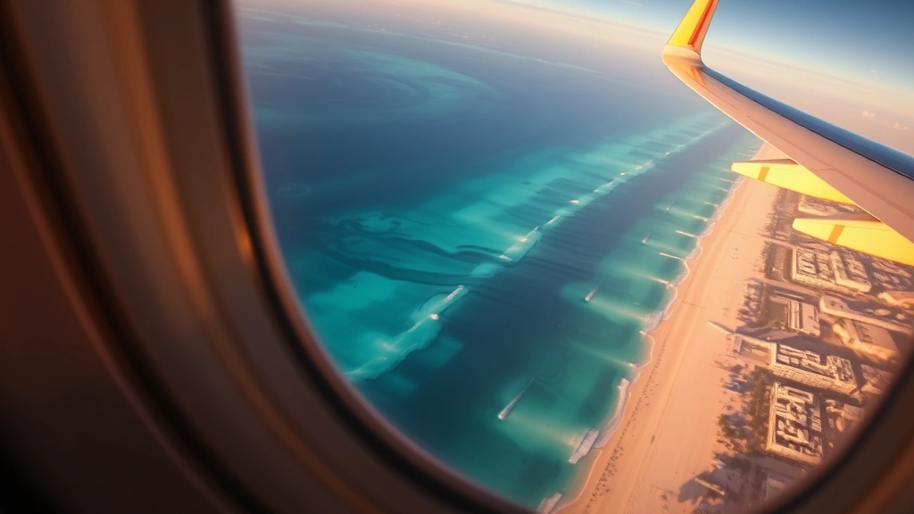Aerial view of turquoise Caribbean waters and white-sand beaches of Cancun from airplane window during golden hour, photorealistic travel photography