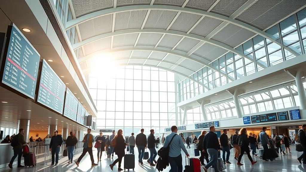 Modern airport terminal interior showing departure boards and travelers with luggage, bright natural lighting, contemporary architecture, travel scene