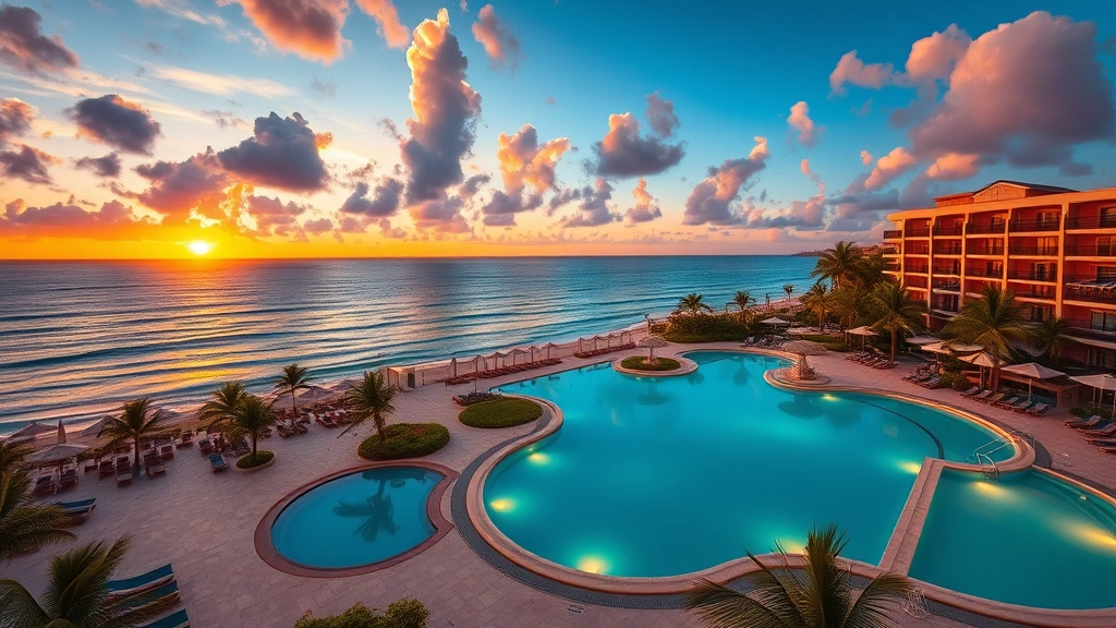 Vibrant beachfront resort pools and ocean view at sunset in Cancun, Mexico, tropical paradise destination, photorealistic travel imagery