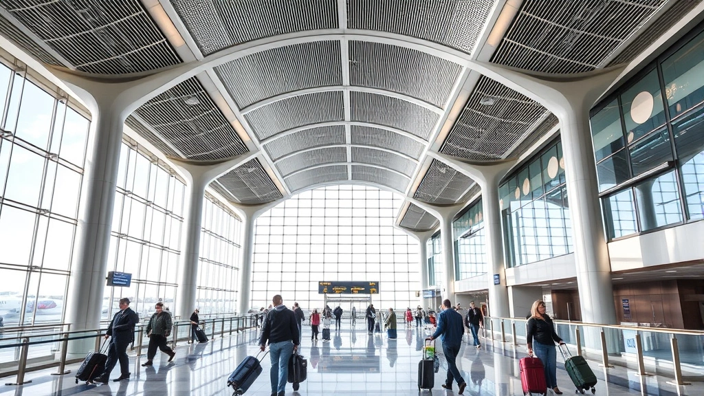 Chicago O'Hare Airport interior with modern architecture, travelers with luggage, bright natural lighting, contemporary airport design