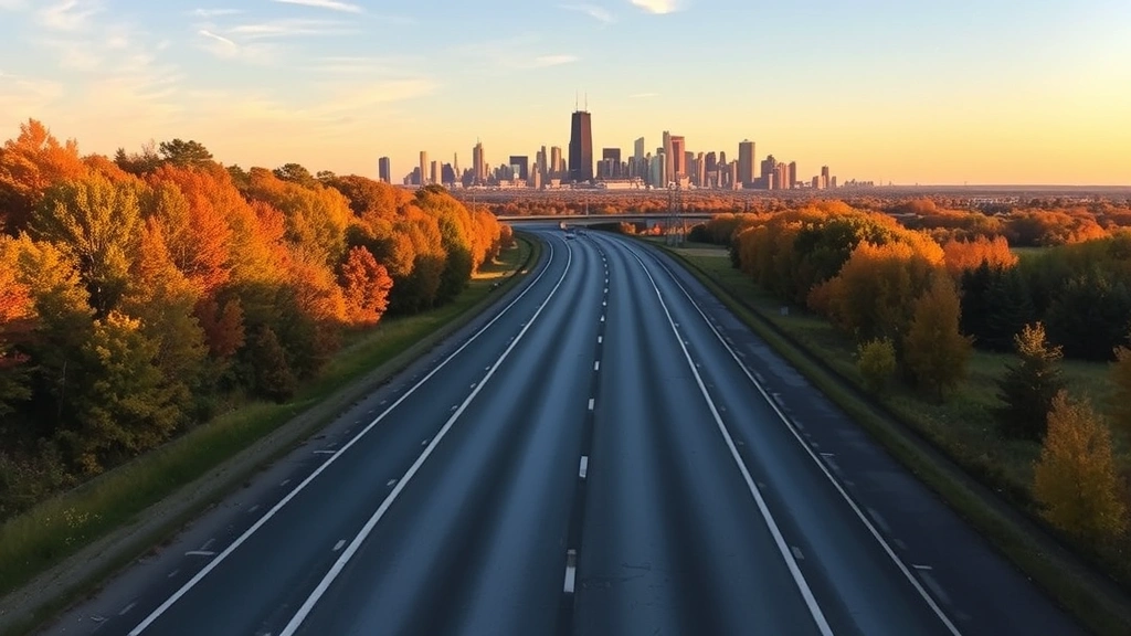 Scenic route between Boston and Chicago showing highway landscape, autumn trees, and distant city skyline at golden hour