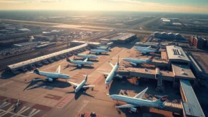 Aerial view of Boston Logan International Airport with planes parked at gates, morning light, cityscape visible in background, photorealistic travel photography