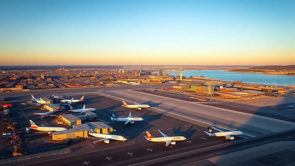 Aerial view of Boston Logan International Airport with planes lined up at gates, cityscape and harbor visible in background, golden hour lighting