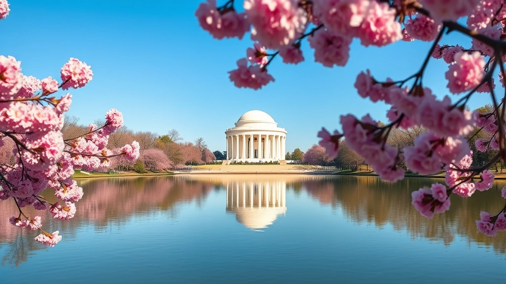 Washington DC monuments reflected in Tidal Basin during spring cherry blossoms, vibrant pink flowers framing marble structures, clear blue sky