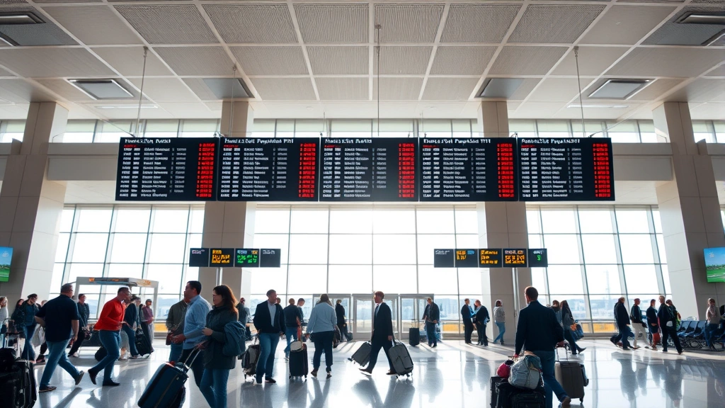 Modern airport terminal interior with departure boards, travelers with luggage, bright natural lighting through large windows, bustling but organized atmosphere