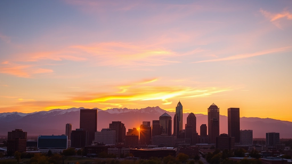 Denver skyline at sunset with Rocky Mountains in background, golden hour light reflecting off downtown buildings, vibrant urban landscape photography