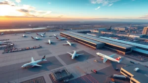 Aerial view of Boston Logan International Airport with aircraft on tarmac, sunrise lighting, bustling terminal operations, photorealistic travel photography