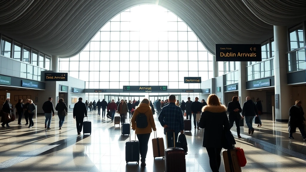 Dublin Airport arrivals hall with modern architecture, passengers with luggage, Irish welcome atmosphere, natural daylight streaming through windows, vibrant travel scene
