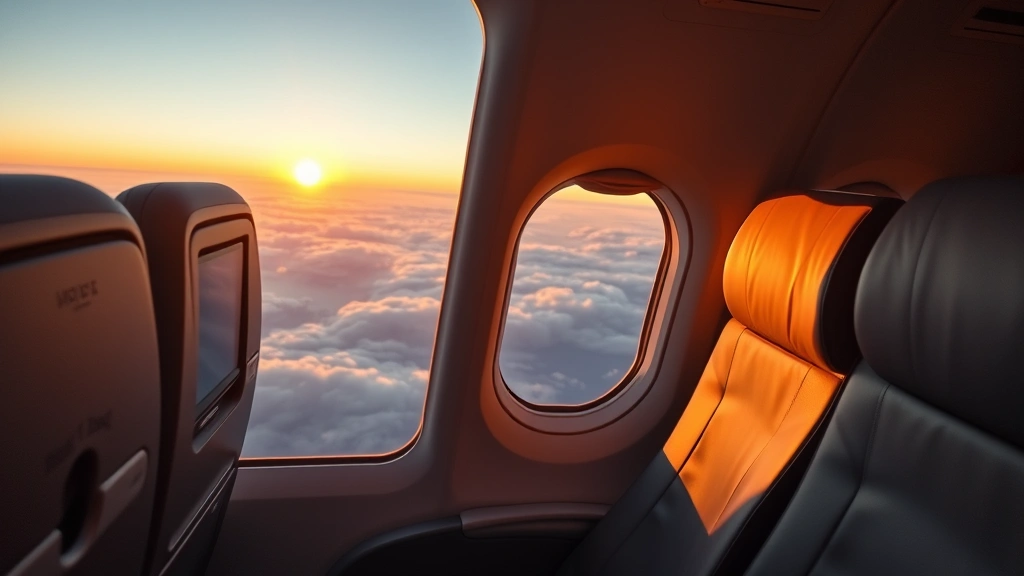 Interior cabin view of transatlantic aircraft during golden hour flight, window seat showing Atlantic Ocean below with clouds, in-flight service setup, realistic airline experience