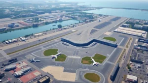 Aerial view of Boston Logan International Airport with runways and planes, morning sunlight, realistic photography, no text or signage visible