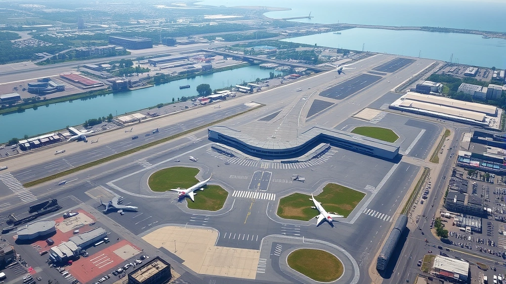 Aerial view of Boston Logan International Airport with runways and planes, morning sunlight, realistic photography, no text or signage visible