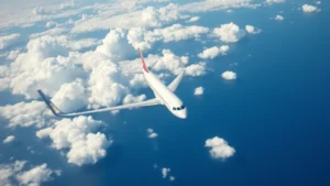 Transatlantic commercial airplane cruising at altitude over the Atlantic Ocean with puffy white clouds and blue ocean visible below during daytime