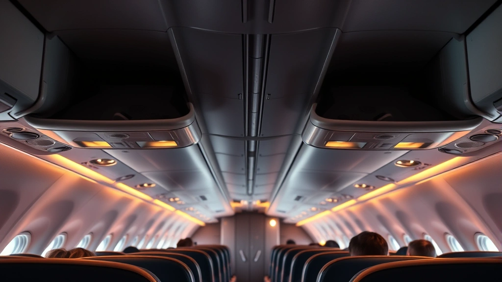 Modern aircraft interior cabin during flight showing passengers sleeping, overhead bins, warm cabin lighting, transatlantic route perspective