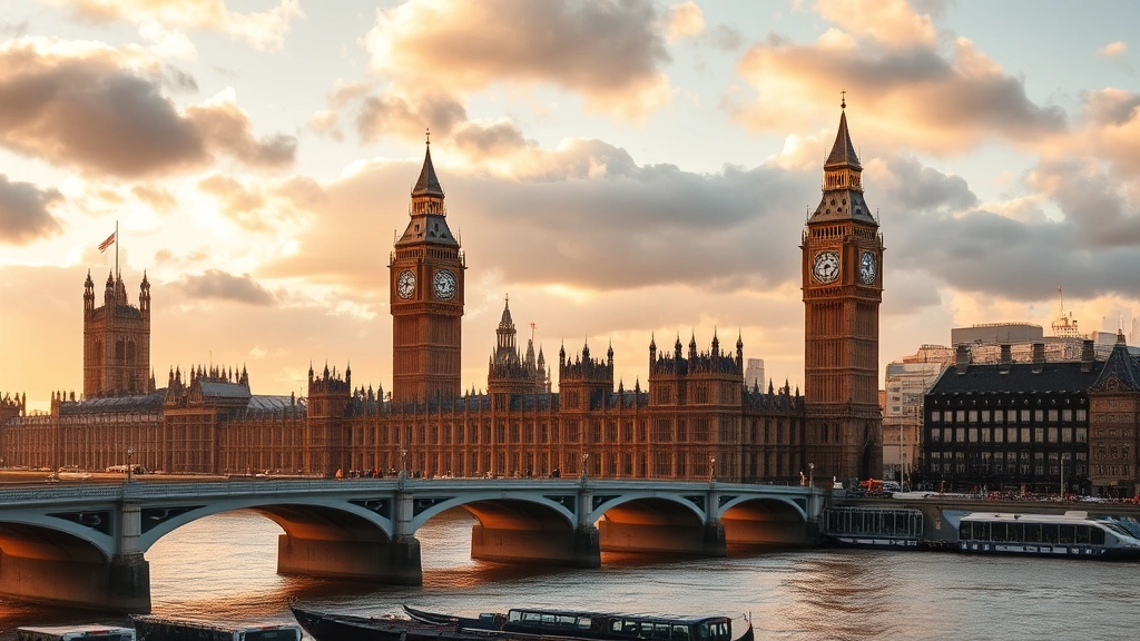 London skyline featuring Big Ben, Thames River, and historic architecture during golden hour with clouds, welcoming arrival destination view