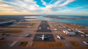 Aerial view of Boston Logan Airport with aircraft on tarmac, New England coastline visible, daytime photography, vibrant sky