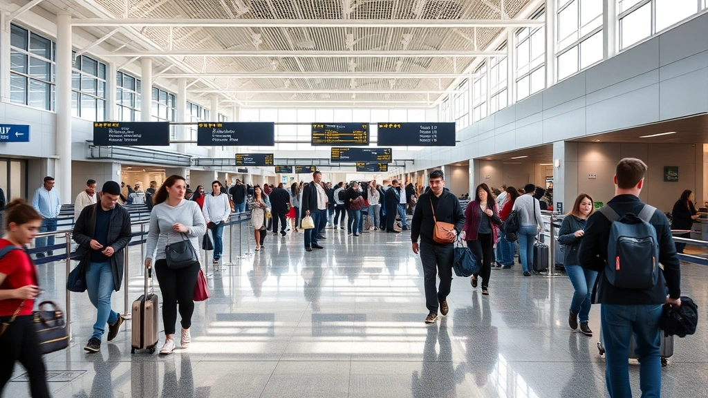 Busy departure hall at LaGuardia Airport New York with travelers checking in, modern terminal architecture, natural lighting, bustling energy