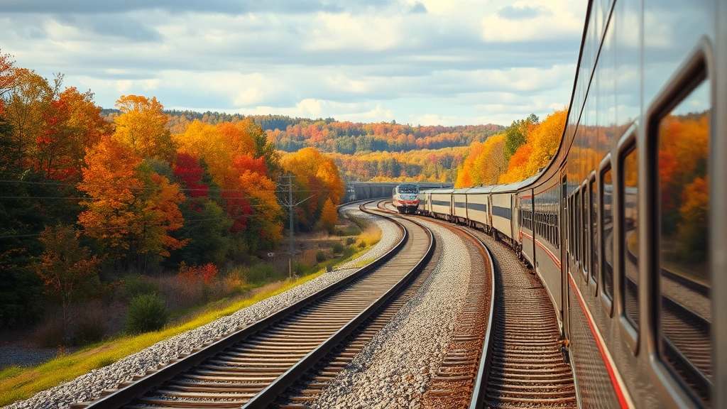 Scenic Northeast Corridor railway tracks between Boston and New York with autumn foliage, Amtrak train visible, peaceful countryside landscape