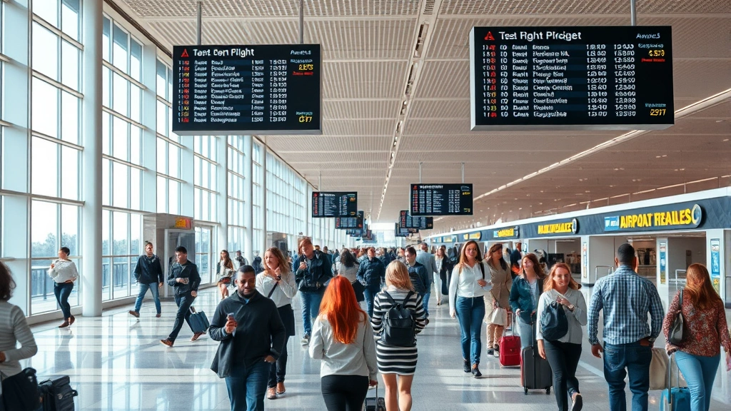 Busy airport terminal interior showing diverse travelers with luggage navigating through modern concourse, flight information boards displaying departure times, natural lighting from large windows