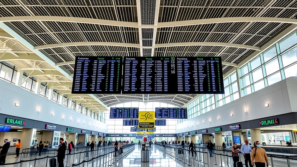 Orlando airport terminal interior with modern architecture, departure boards showing flight information, travelers checking in at counters, bright contemporary design