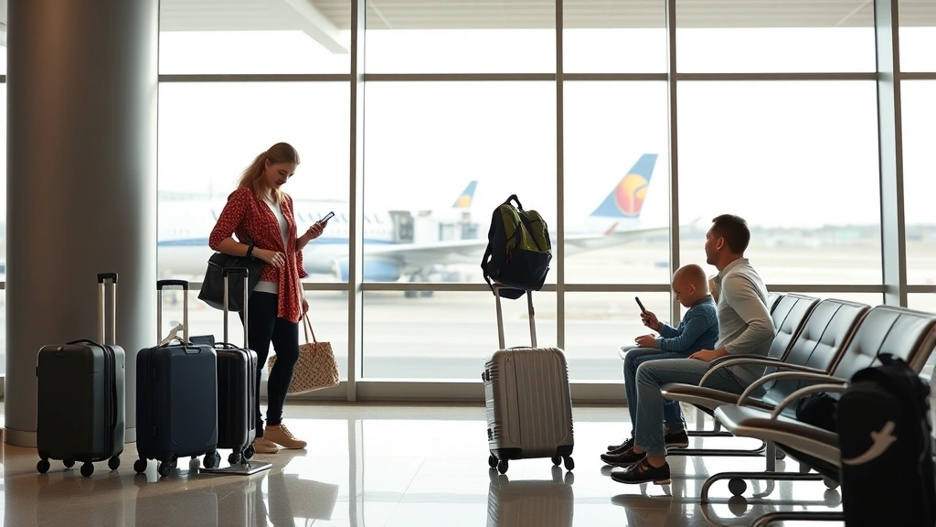 Family at airport gate area with luggage, checking boarding pass on smartphone, modern airport seating area with floor-to-ceiling windows showing aircraft outside