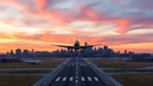 Aerial view of Boston Logan International Airport runway at sunset with city skyline in background, commercial aircraft taking off toward Atlantic Ocean, vibrant evening sky colors