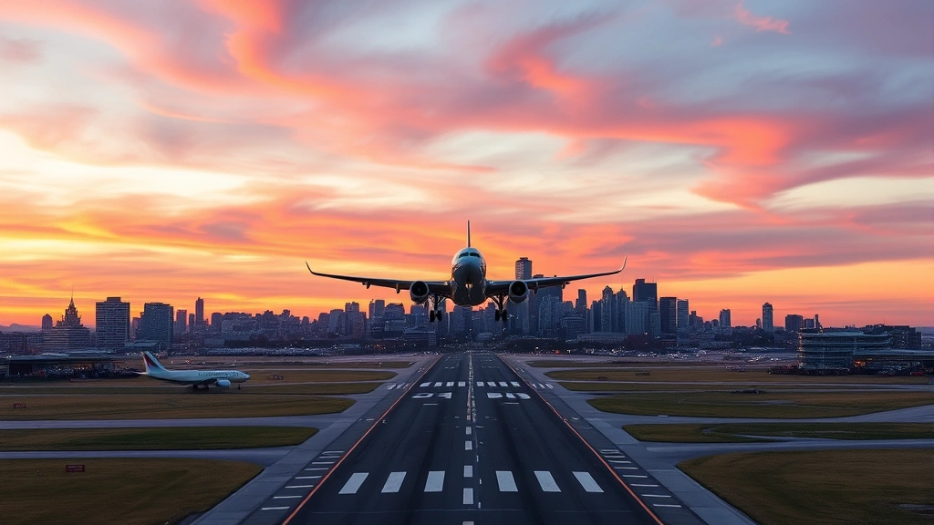 Aerial view of Boston Logan International Airport runway at sunset with city skyline in background, commercial aircraft taking off toward Atlantic Ocean, vibrant evening sky colors