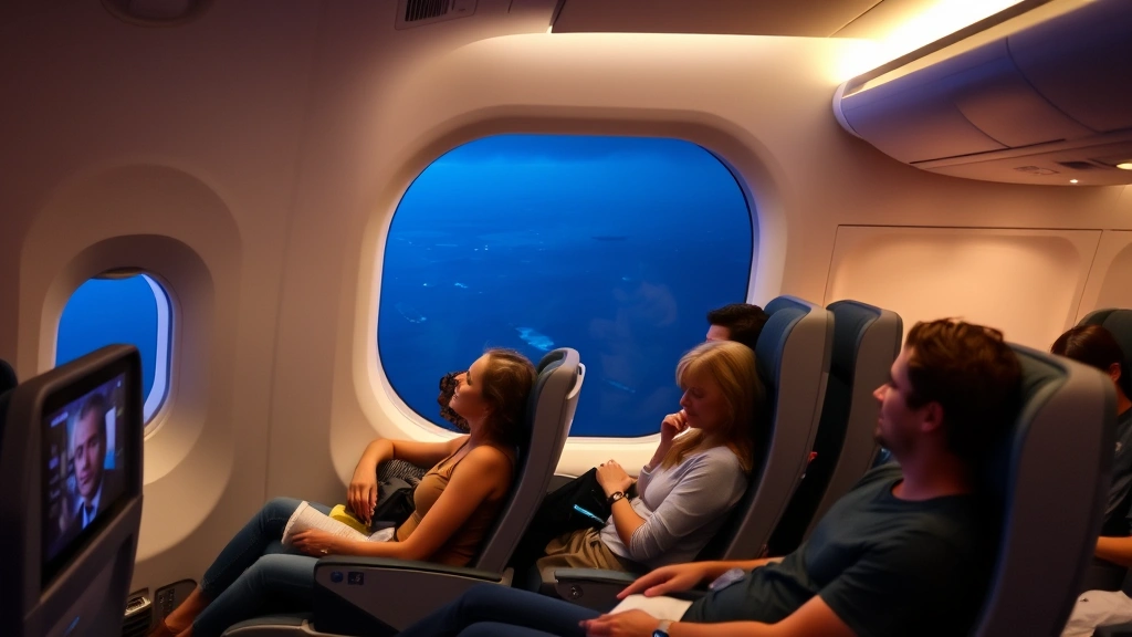 Passengers relaxing in modern aircraft cabin during transatlantic flight, window showing vast Atlantic Ocean below, comfortable seating with entertainment systems visible, peaceful cabin atmosphere at night