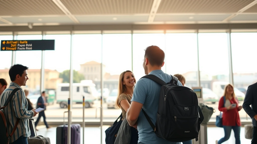 Leonardo da Vinci Fiumicino Airport arrivals area in Rome with excited travelers greeting loved ones, Mediterranean architecture visible through terminal windows, warm Italian sunlight streaming in, joyful travel moment