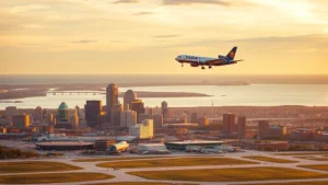 Aerial view of Boston Logan International Airport with airplane taking off over city skyline and harbor in background, golden hour lighting