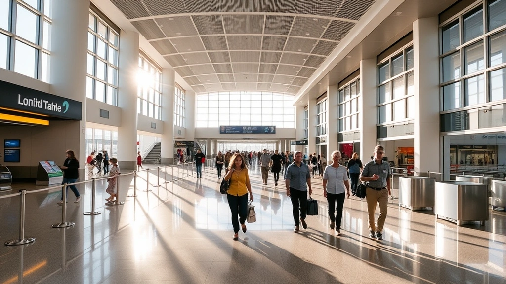 Tampa International Airport terminal interior with modern architecture, travelers walking through bright corridors, natural sunlight streaming through windows