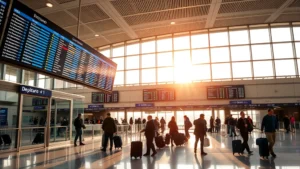 Boston Logan Airport terminal interior with departure boards and travelers with luggage, bright modern architecture, morning light