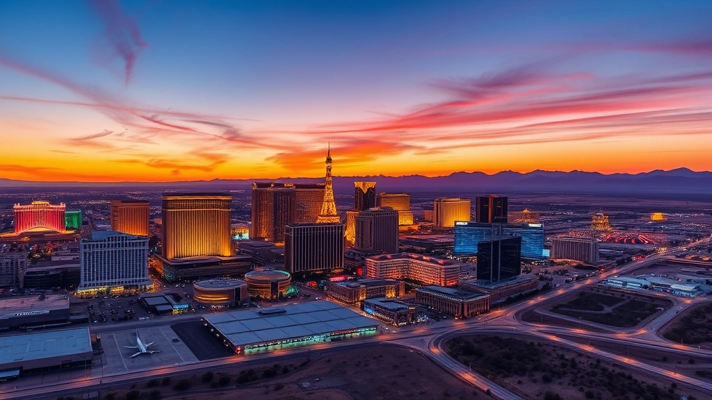 Aerial view of Las Vegas skyline at sunset with glowing neon lights, Harry Reid International Airport in foreground, desert landscape surrounding the city, vibrant evening atmosphere, photorealistic travel photography